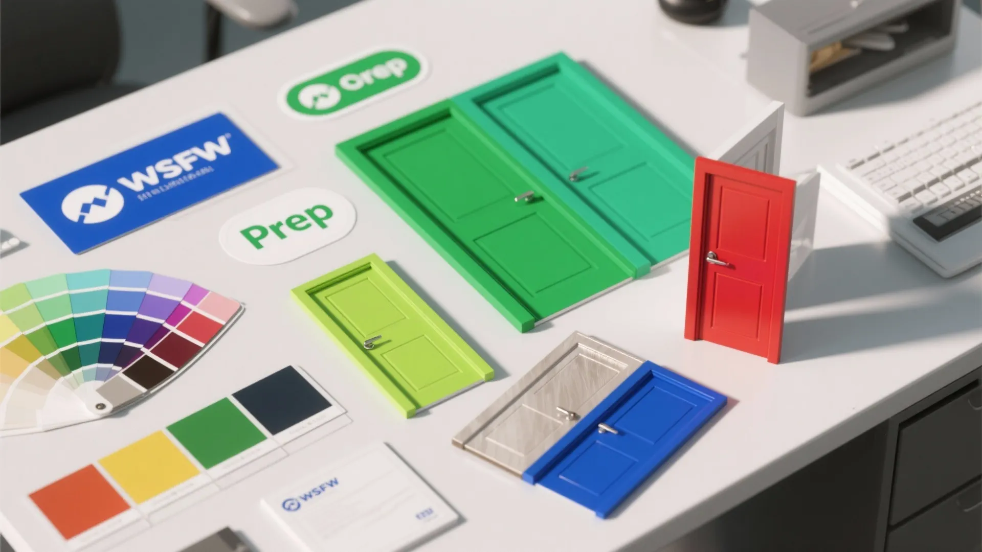 Desk with colorful 3D door models color swatches logo stickers and a white computer keyboard