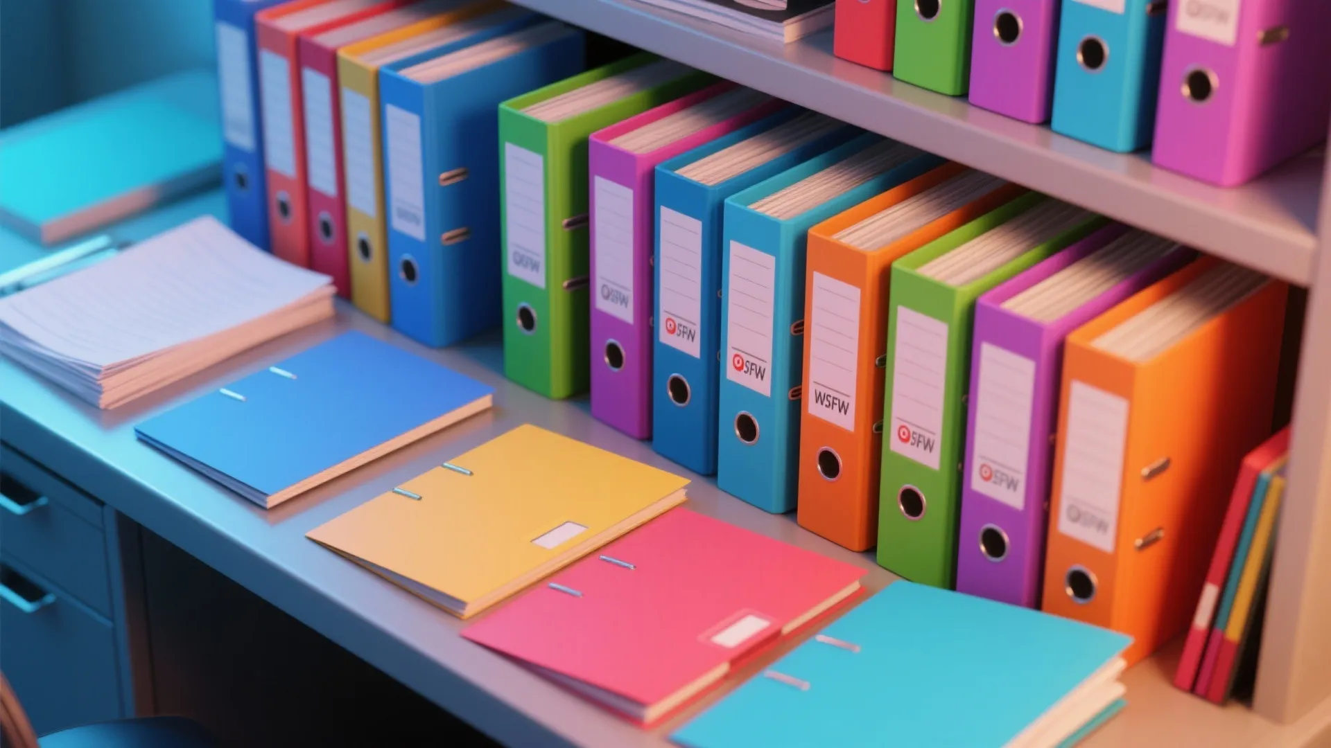 Colorful office folders neatly arranged on grey shelves and desk for organized paper document storage