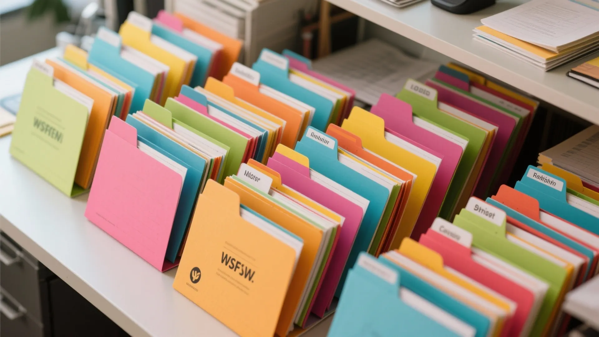 Row of colorful file folders organized neatly on a white desk for efficient office storage