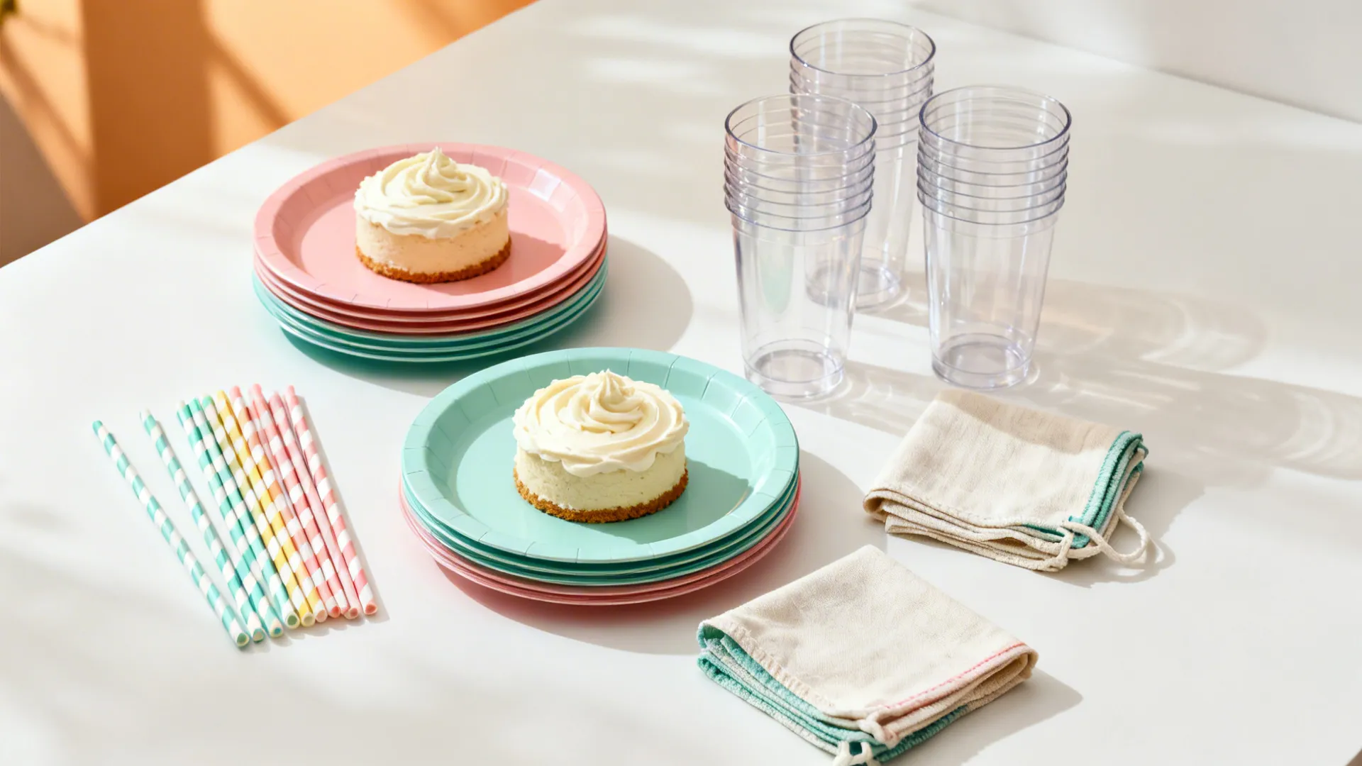 Serve station with plates, napkins, and straws in two matching colors and reusable accents on a neutral base.