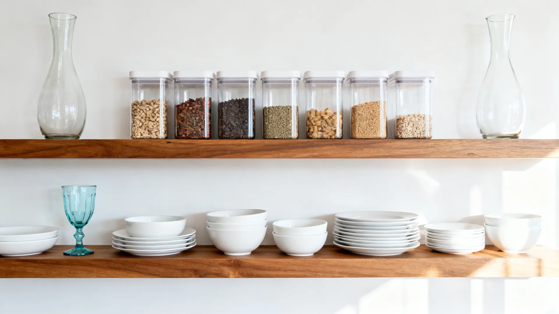 Open shelves with white dinnerware and light blue glassware arranged with breathing room.