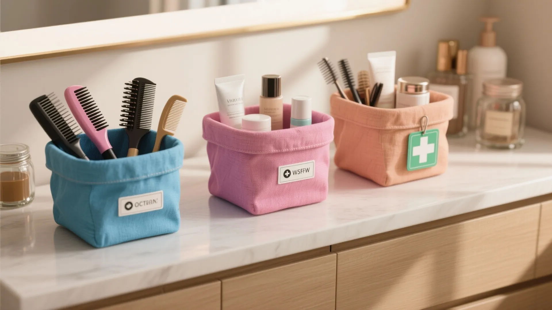 Colorful fabric storage bins on marble counter holding hair brushes and skincare products for organization