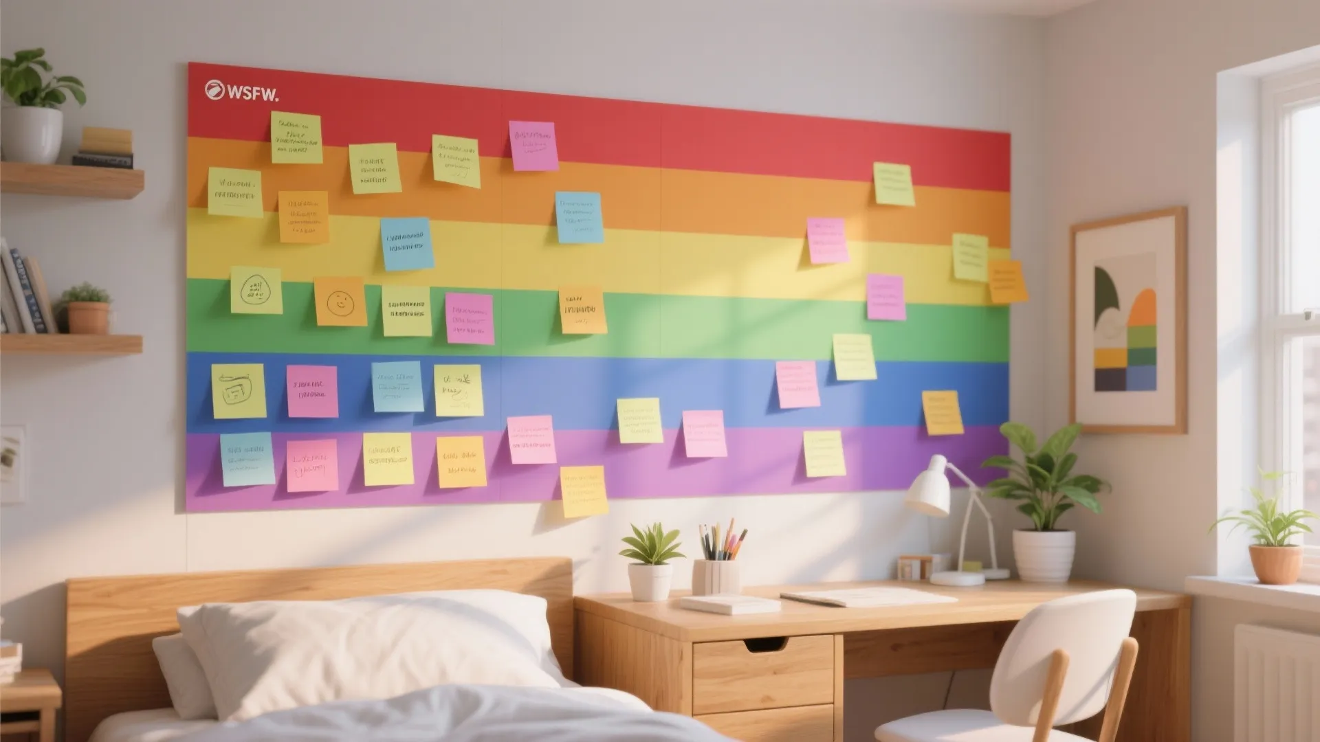 Bedroom workspace with a rainbow colored wall panel covered in many colorful small sticky notes