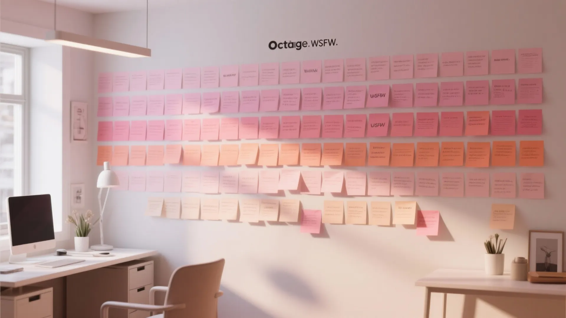 Office desk with computer facing a white wall covered in many pink and orange notes