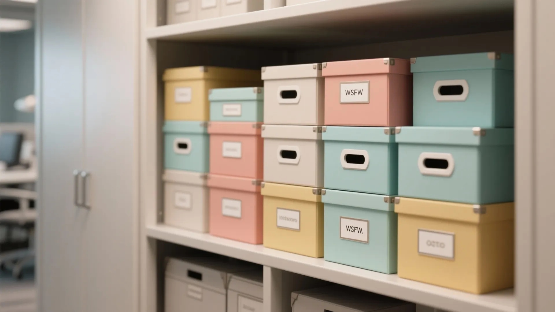Neat storage shelves filled with colorful pastel boxes organized by color for home office organization