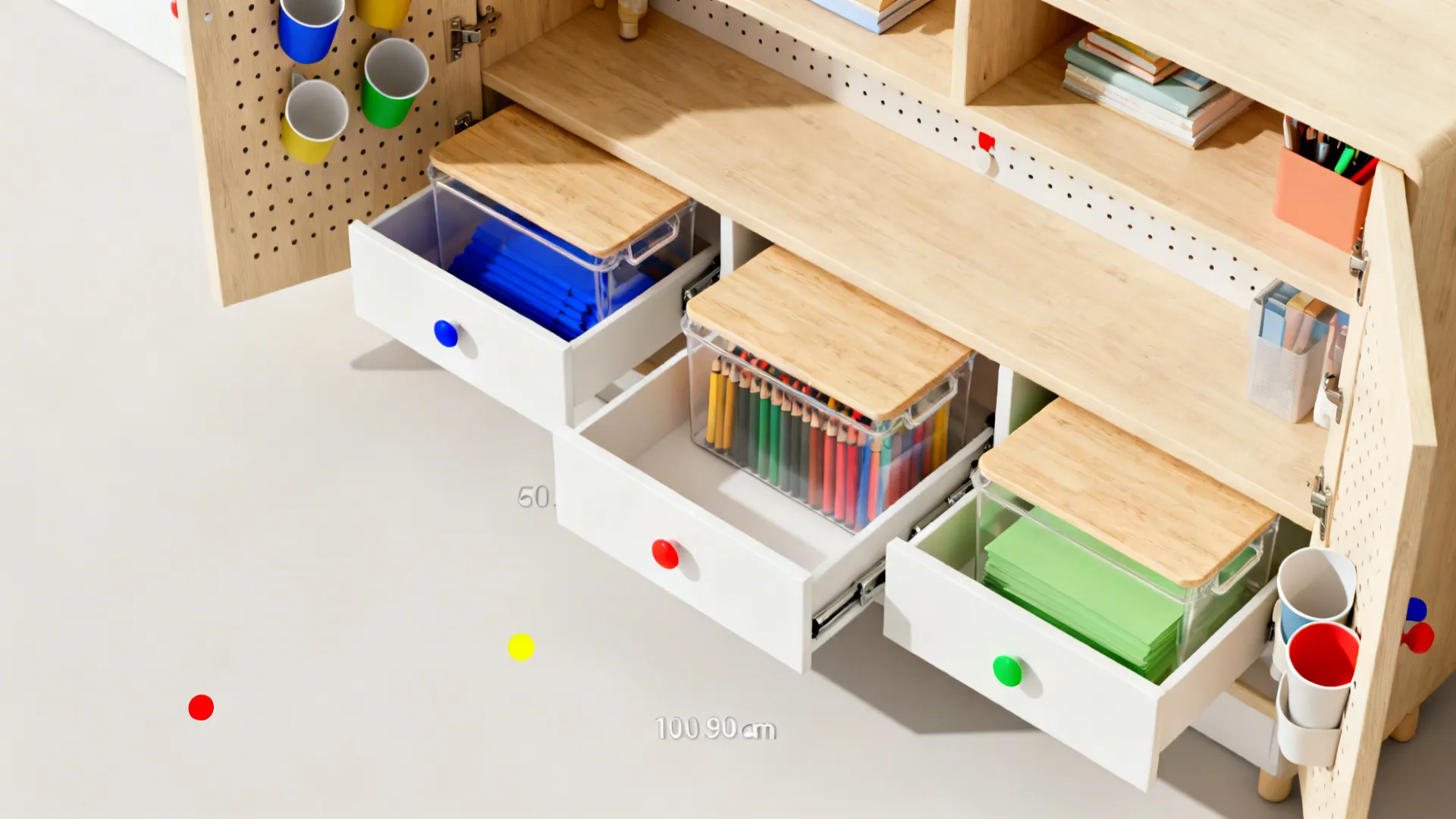 Top-down view of shallow drawers and color-coded clear bins arranged for kids’ art supplies.