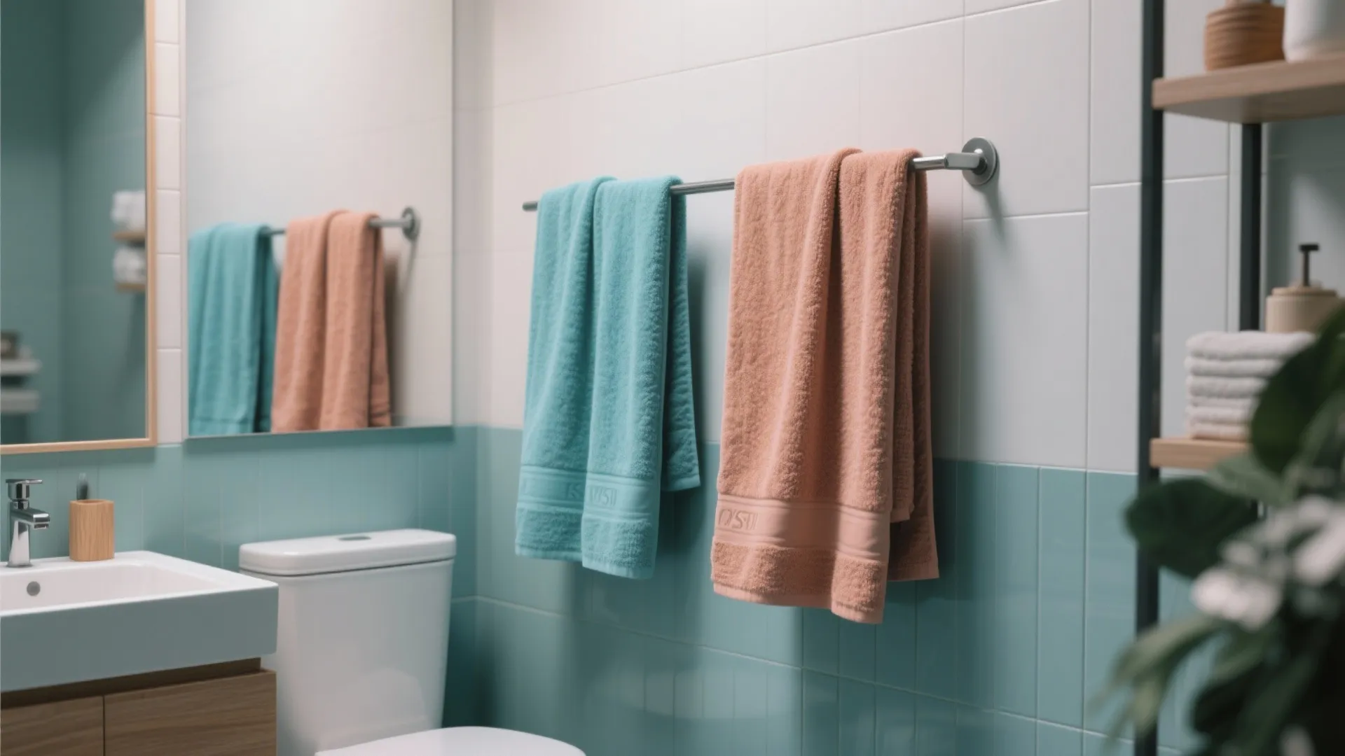 Blue and pink towels hanging on a silver rack in a bathroom with teal wall tiles