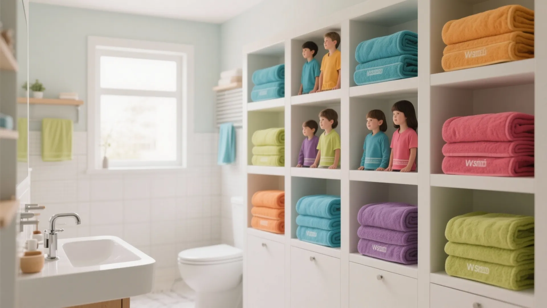 Bright bathroom with white open cabinet shelves holding many colorful folded towels and some dolls
