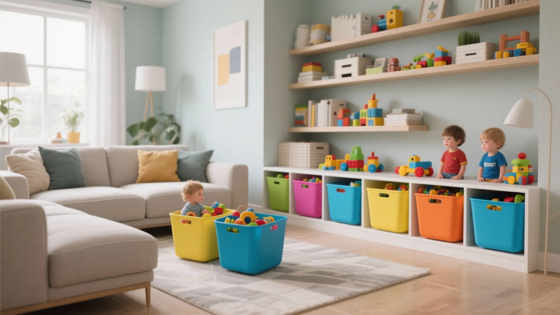 Neatly arranged color-coded toy bins in living room shelves