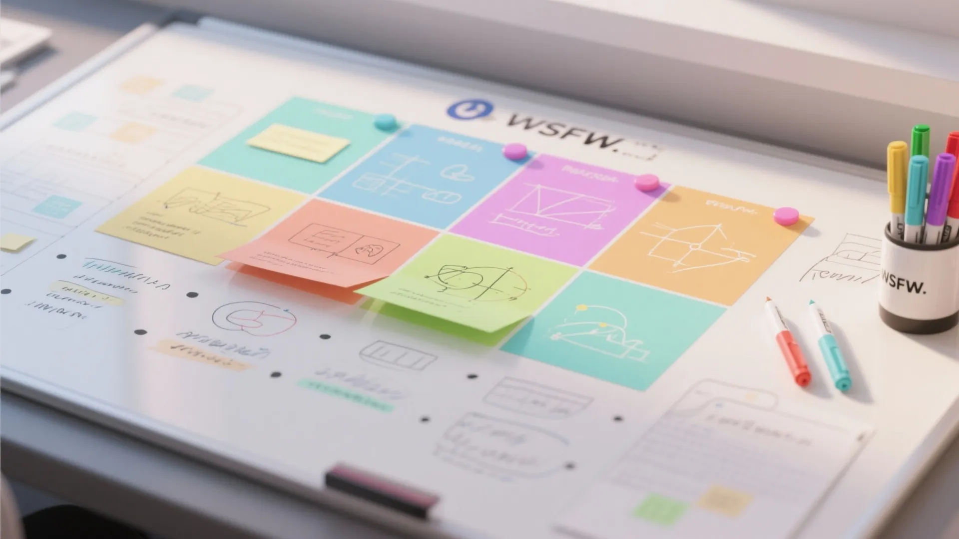 Top view of a whiteboard divided into colorful sections