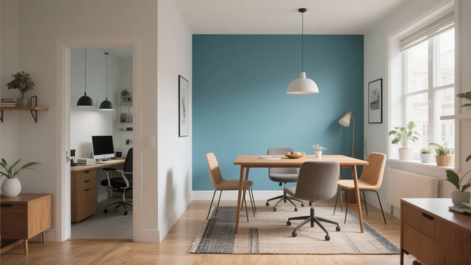 Dining room with blue feature wall wooden table and a view into a separate office