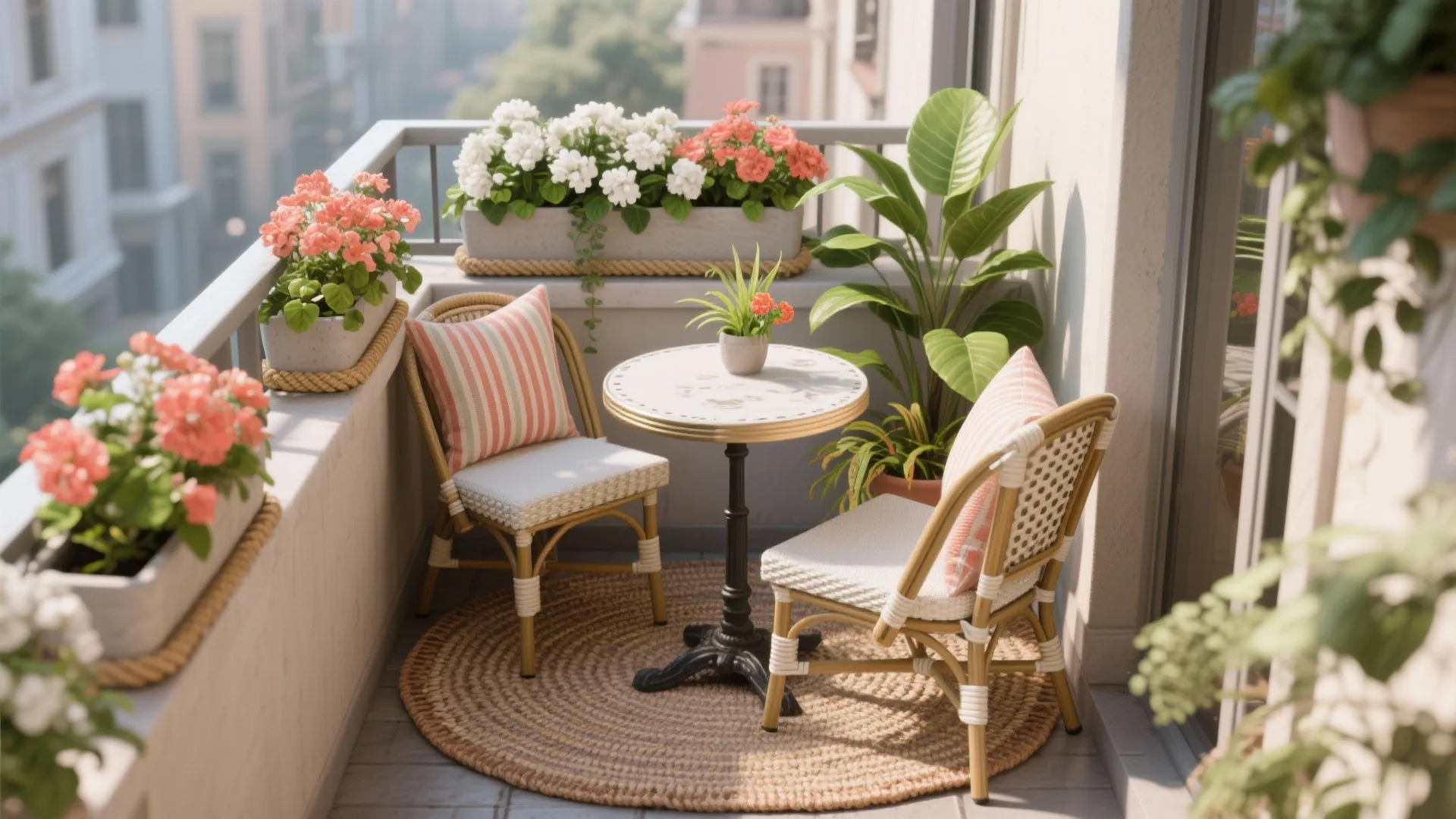Cozy small balcony featuring two chairs a round table woven rug and many pink flowers