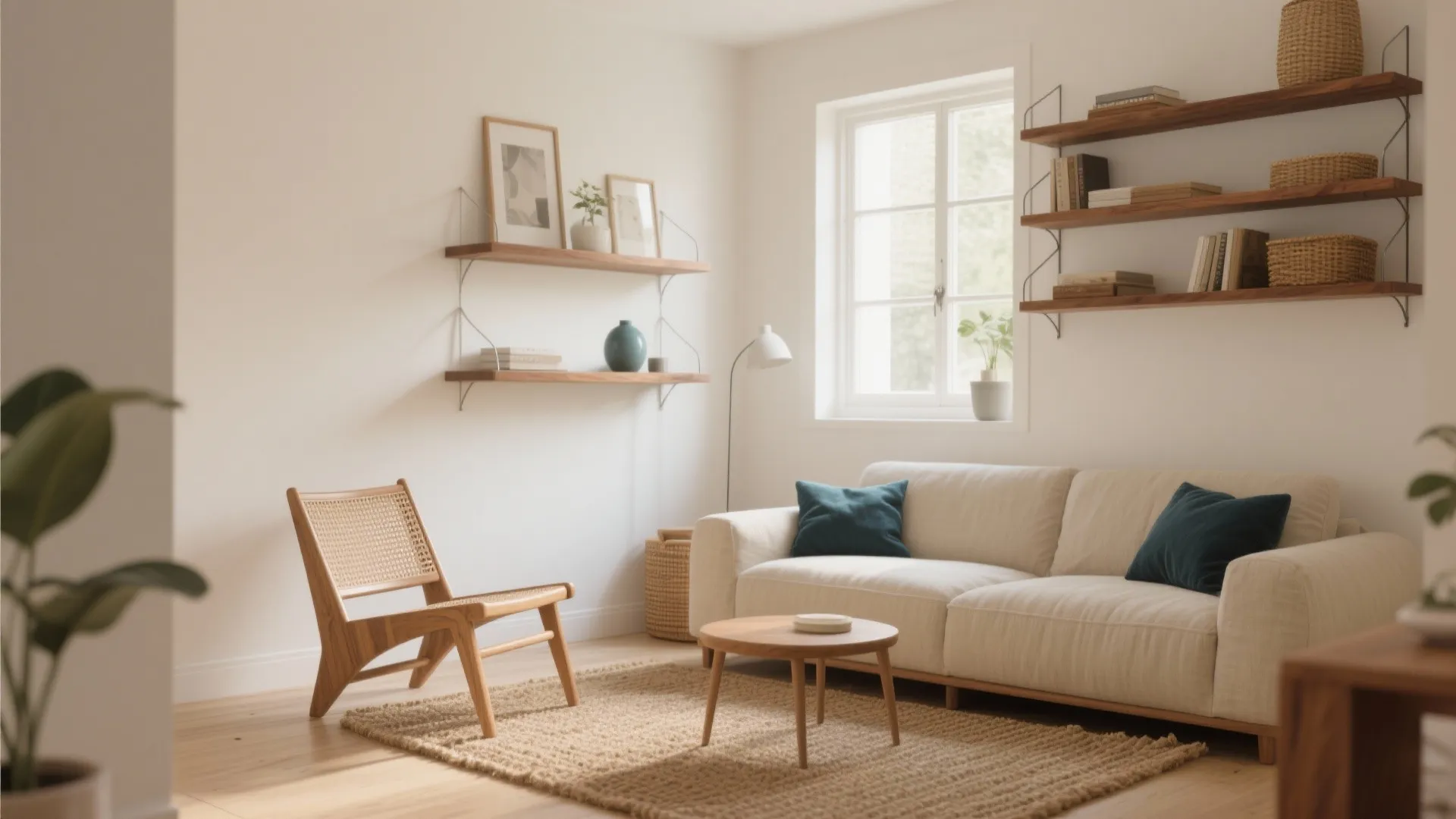 Living room with white sofa blue pillows wooden chair coffee table rug and wall shelf