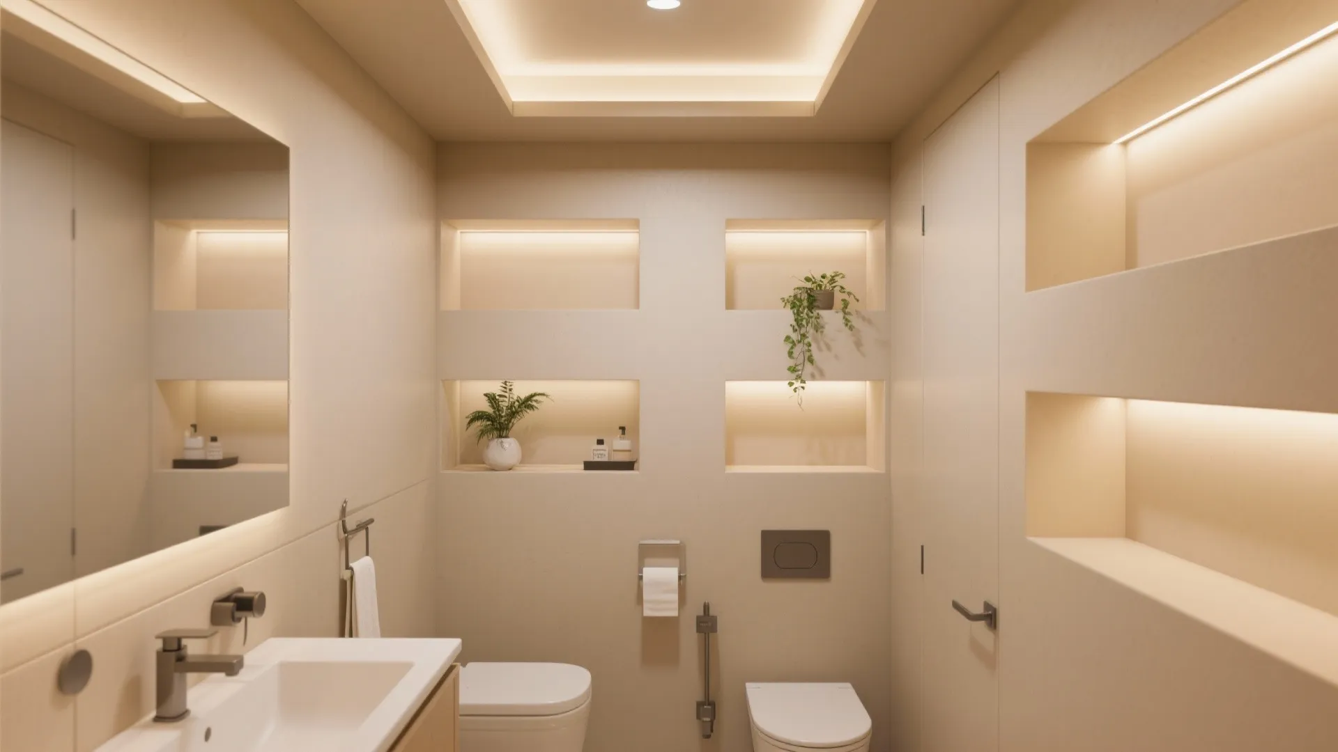 Modern cream bathroom featuring recessed wall niches with soft lights, white toilet, and minimalist sink