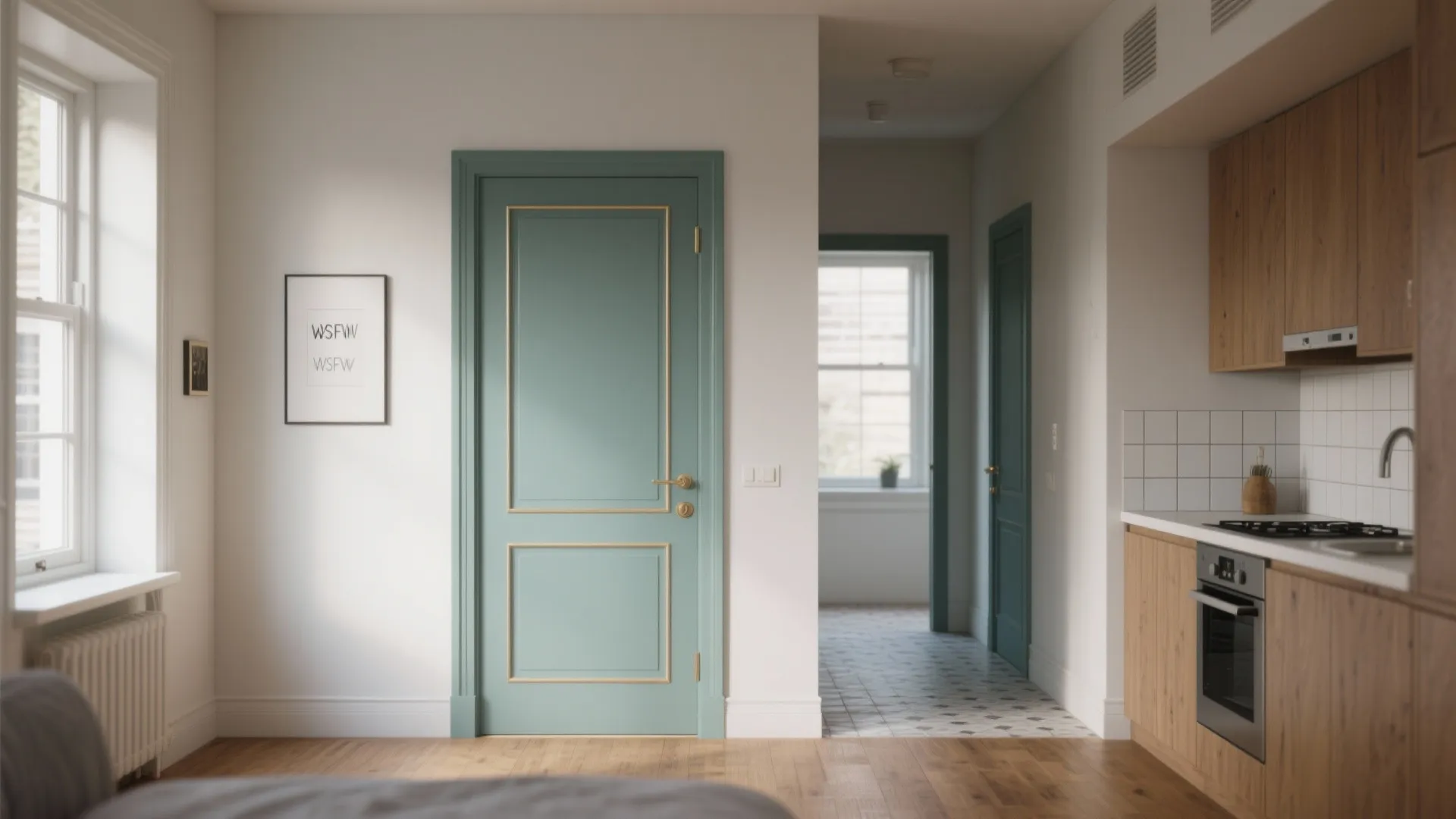 Compact apartment sightline showing coordinated door color and trim flowing into an open kitchen for intentional circulation.