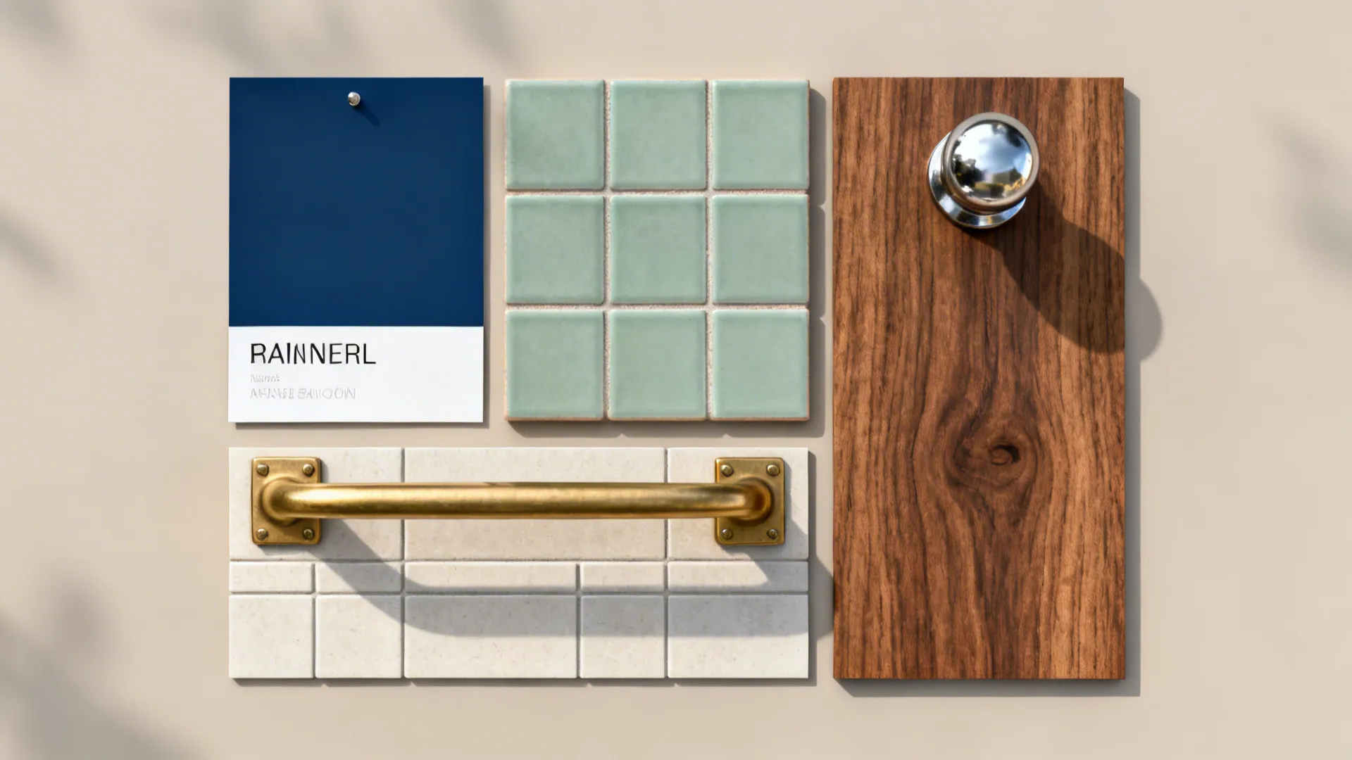 Top-down flat lay of navy, brass, sage tile, walnut, and chrome kitchen samples.