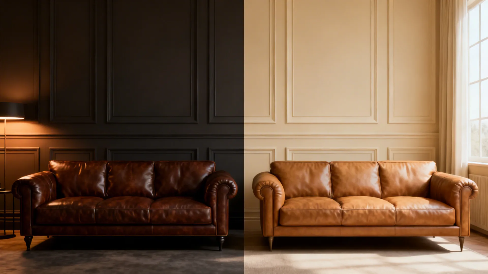 Side-by-side comparison of moody dark brown leather scheme and tone-on-tone camel leather scheme in small living rooms.