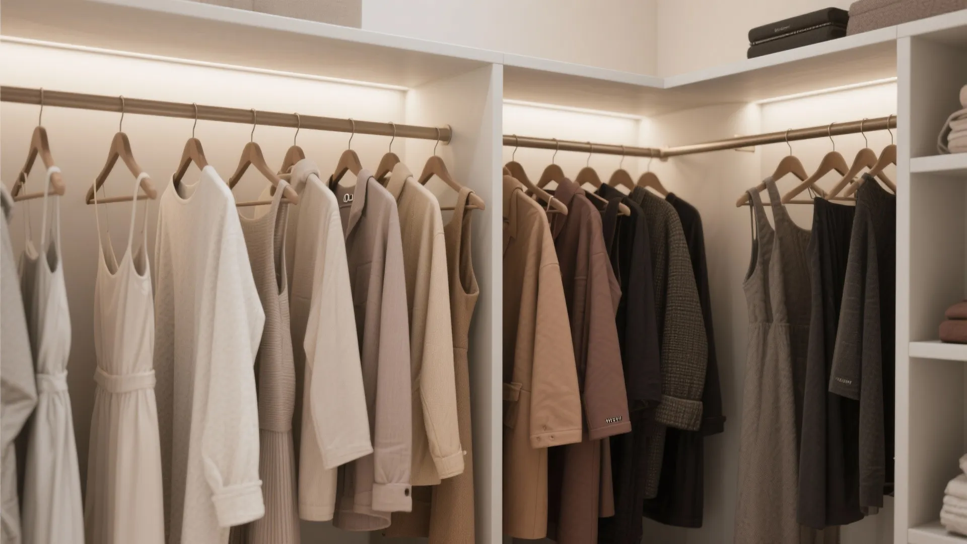 Modern walk-in closet with color-coordinated clothing hanging neatly under soft built-in warm light fixtures