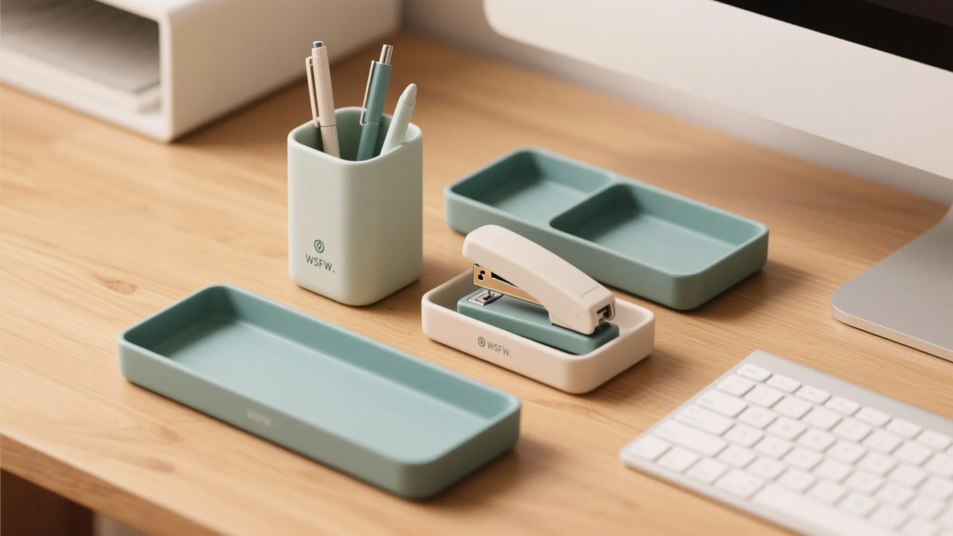 Mint green desk organizers including pen holder, stapler, and trays on a light wood surface