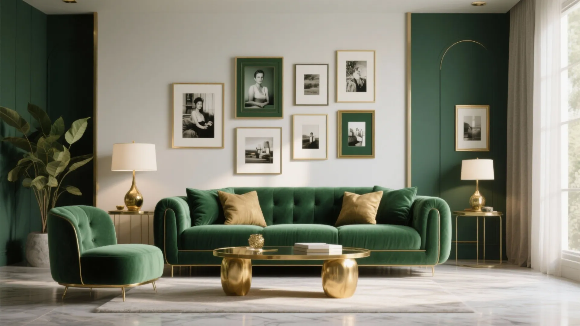 Green velvet sofa and matching armchair with gold coffee table and framed art on wall