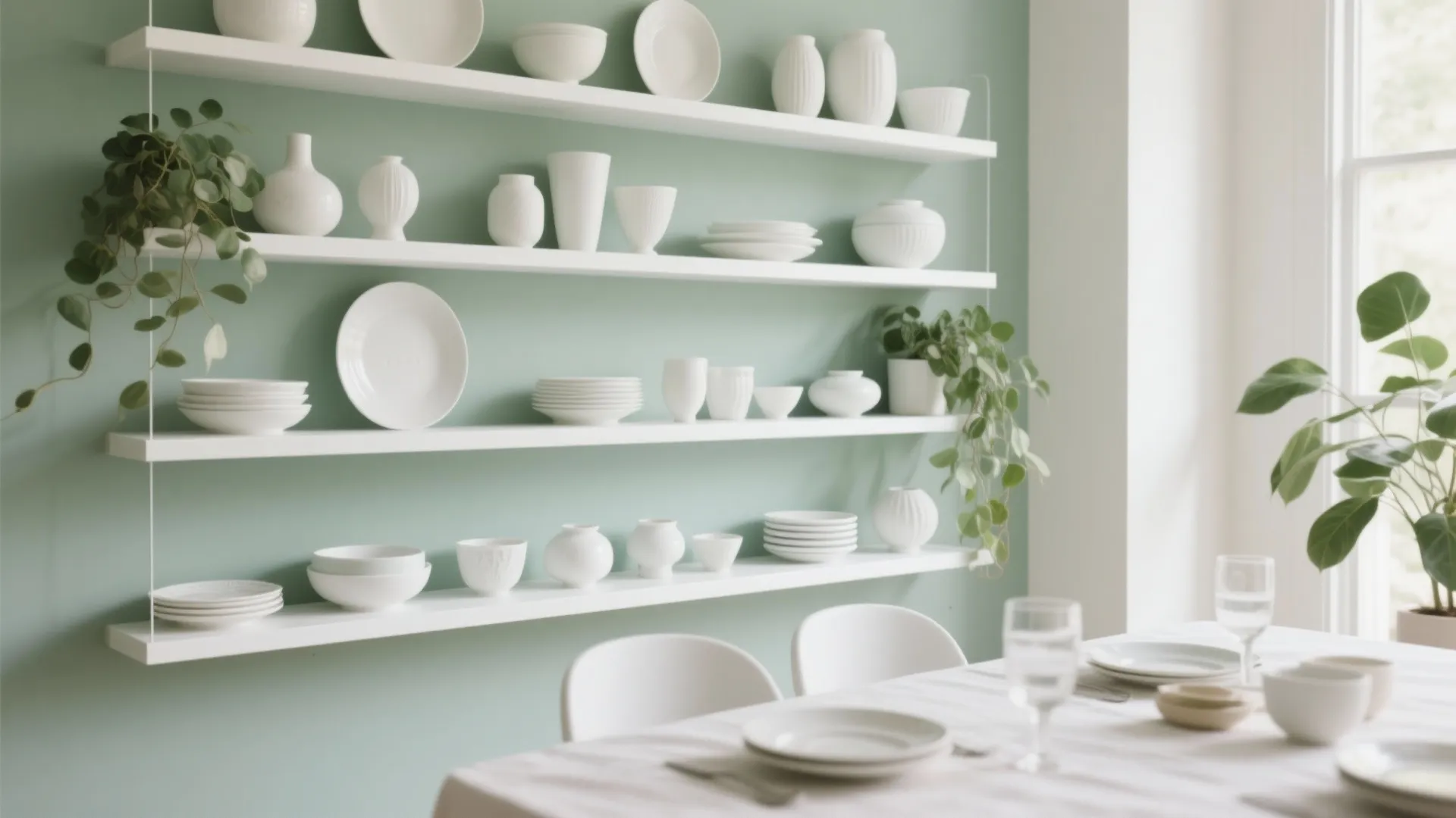 Modern kitchen with white floating shelves displaying ceramic bowls and plates against light green walls