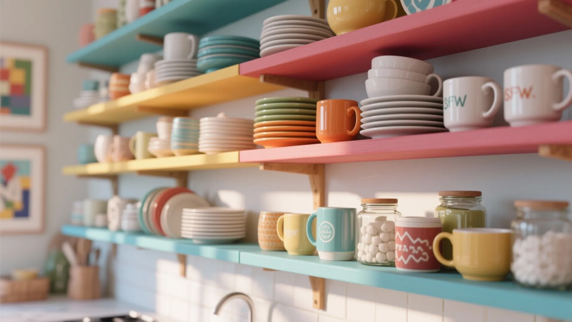 Open kitchen shelves with dishes grouped by color