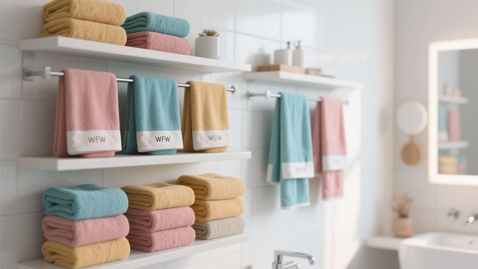 White bathroom walls with shelves and racks displaying neatly folded colorful towels in various shades