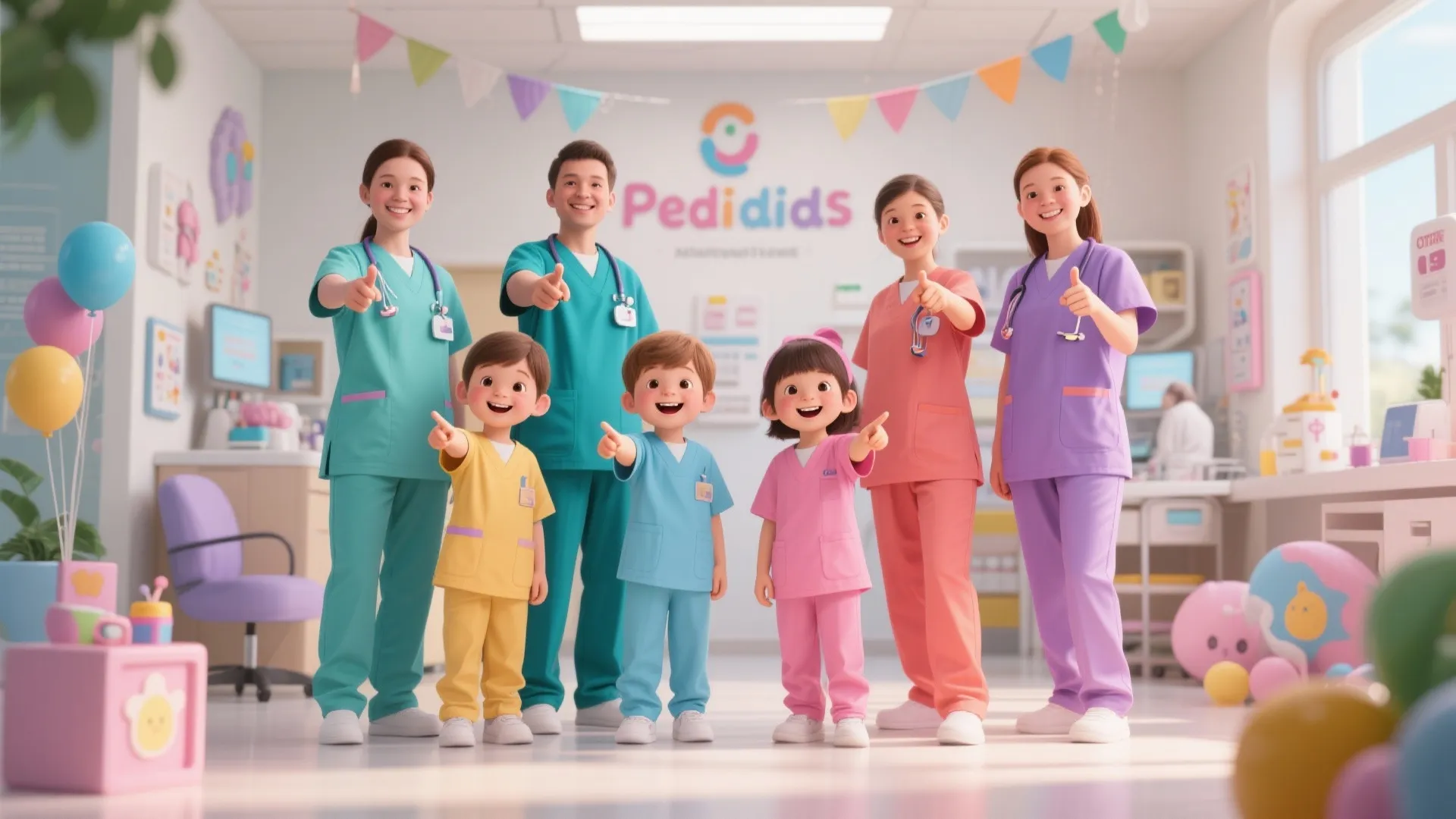 Pediatric clinic staff and children in colorful uniforms standing together and smiling in bright office