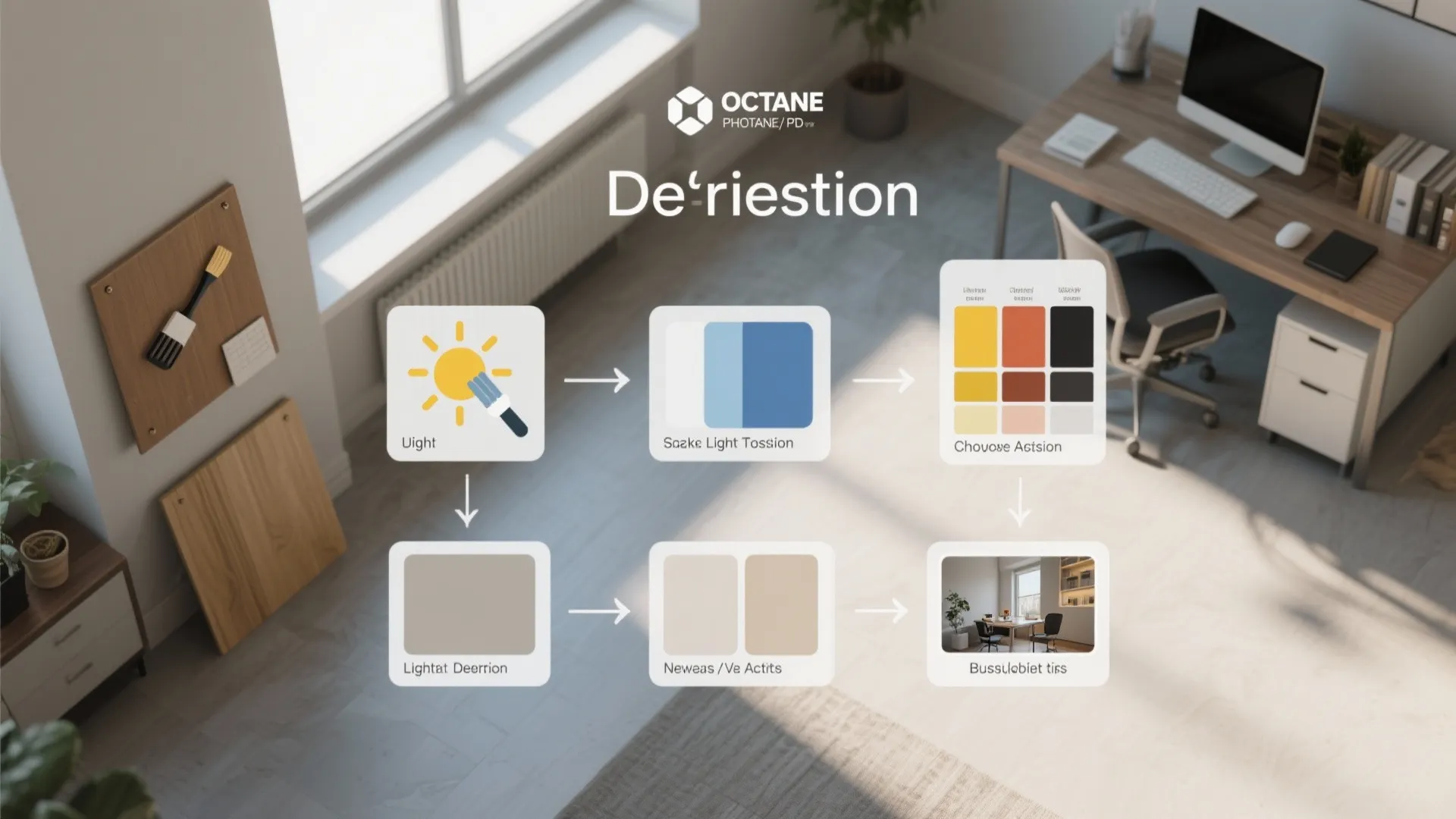 Top-down decision flow showing paint swatches, lighting icons and budget tips for choosing office colors.
