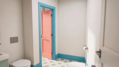 Cheerful Bathroom with Pink Door and Turquoise Trim