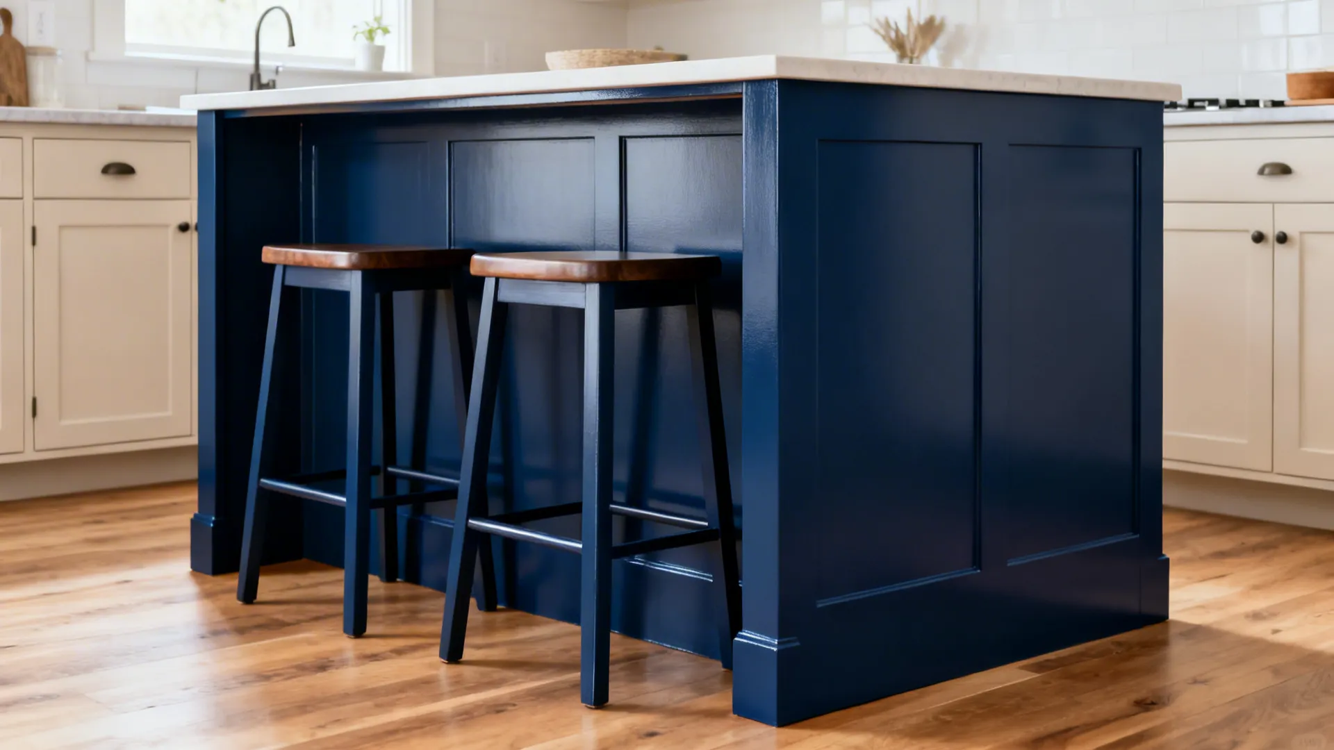 Neutral kitchen with a midnight blue painted island in satin and semigloss for a bold accent.