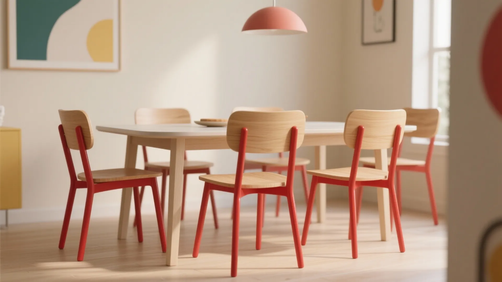 Wood dining chairs with bold red dipped legs