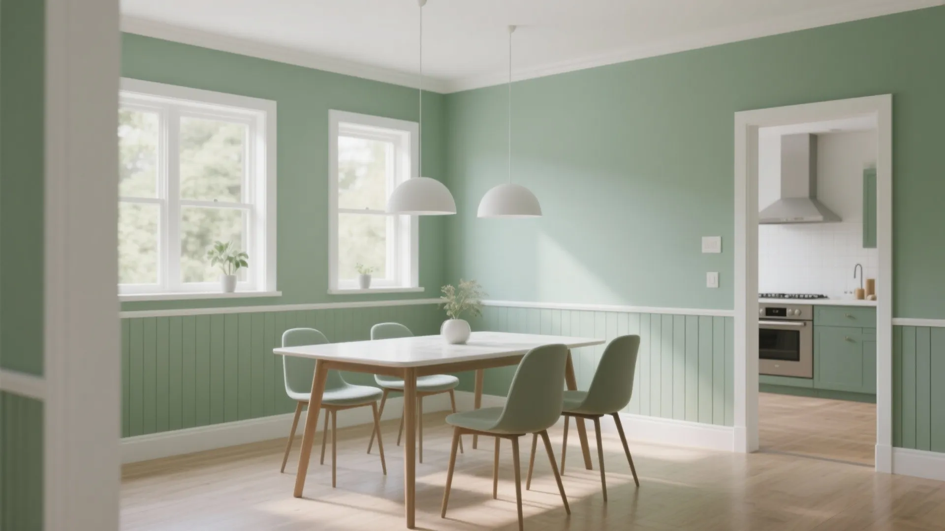 Sage green dipped color effect on dining room walls