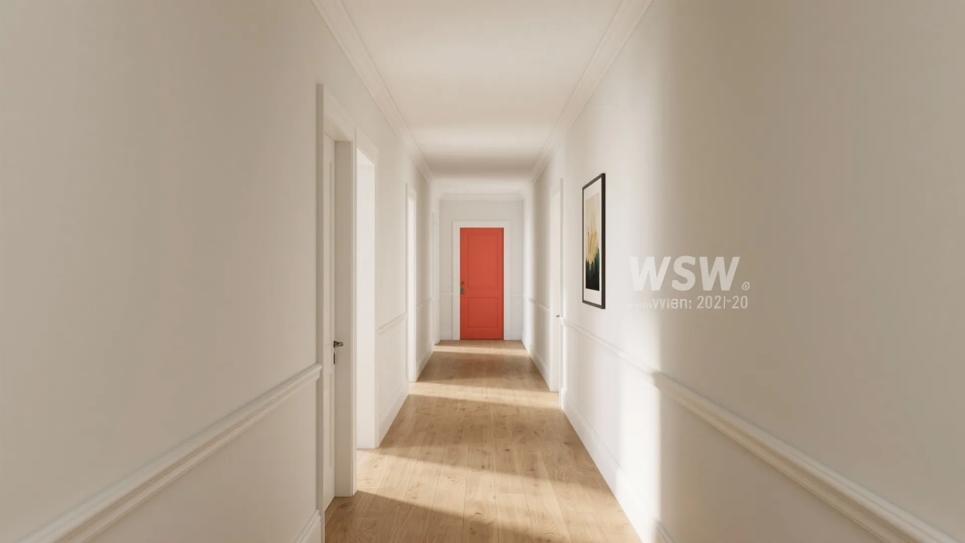 Long white hallway with wooden floor leading to a single bright orange door at end