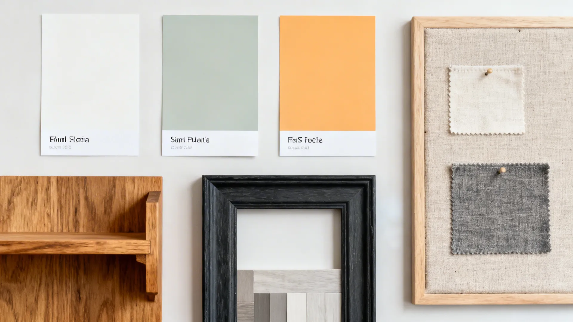 Flat lay of calm base paint chips with citrus and charcoal accents plus oak and fabric samples.