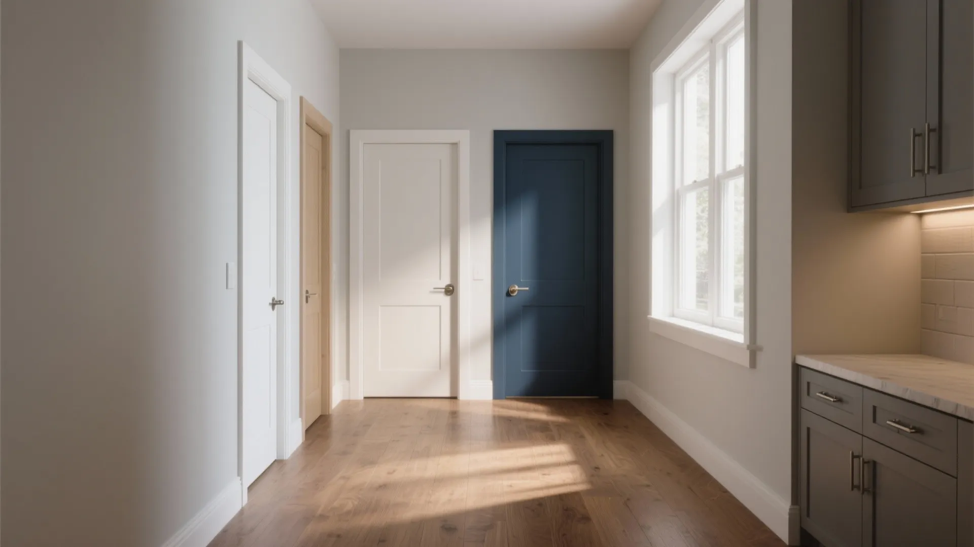 Modern hallway with white and blue doors featuring wooden floors large window and grey kitchen