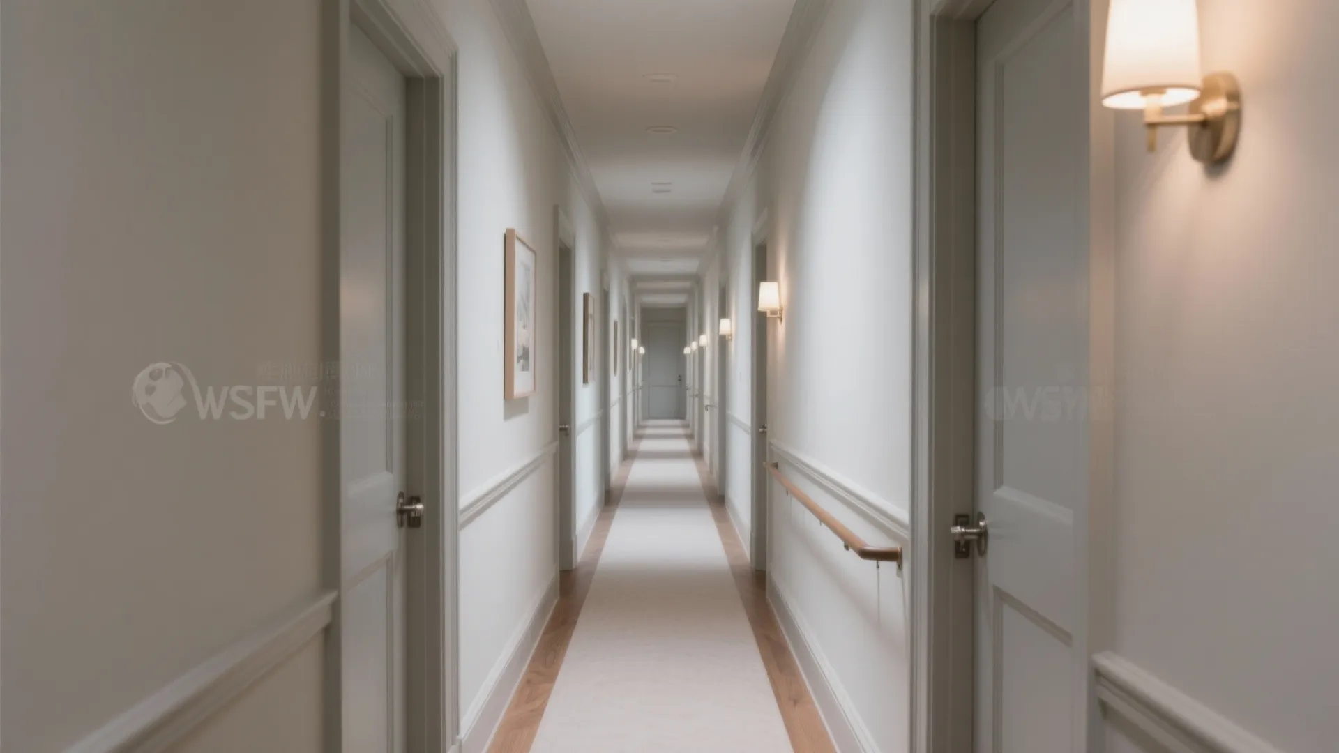 Long white hallway with many doors wall light fixtures and a light colored carpet runner