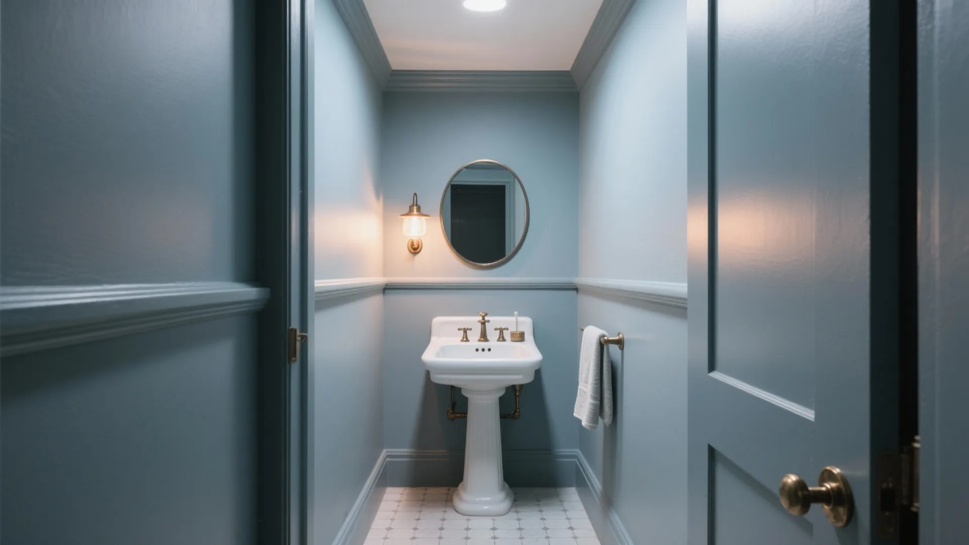 Small blue bathroom with white pedestal sink, round mirror, wall light, and patterned tile floor