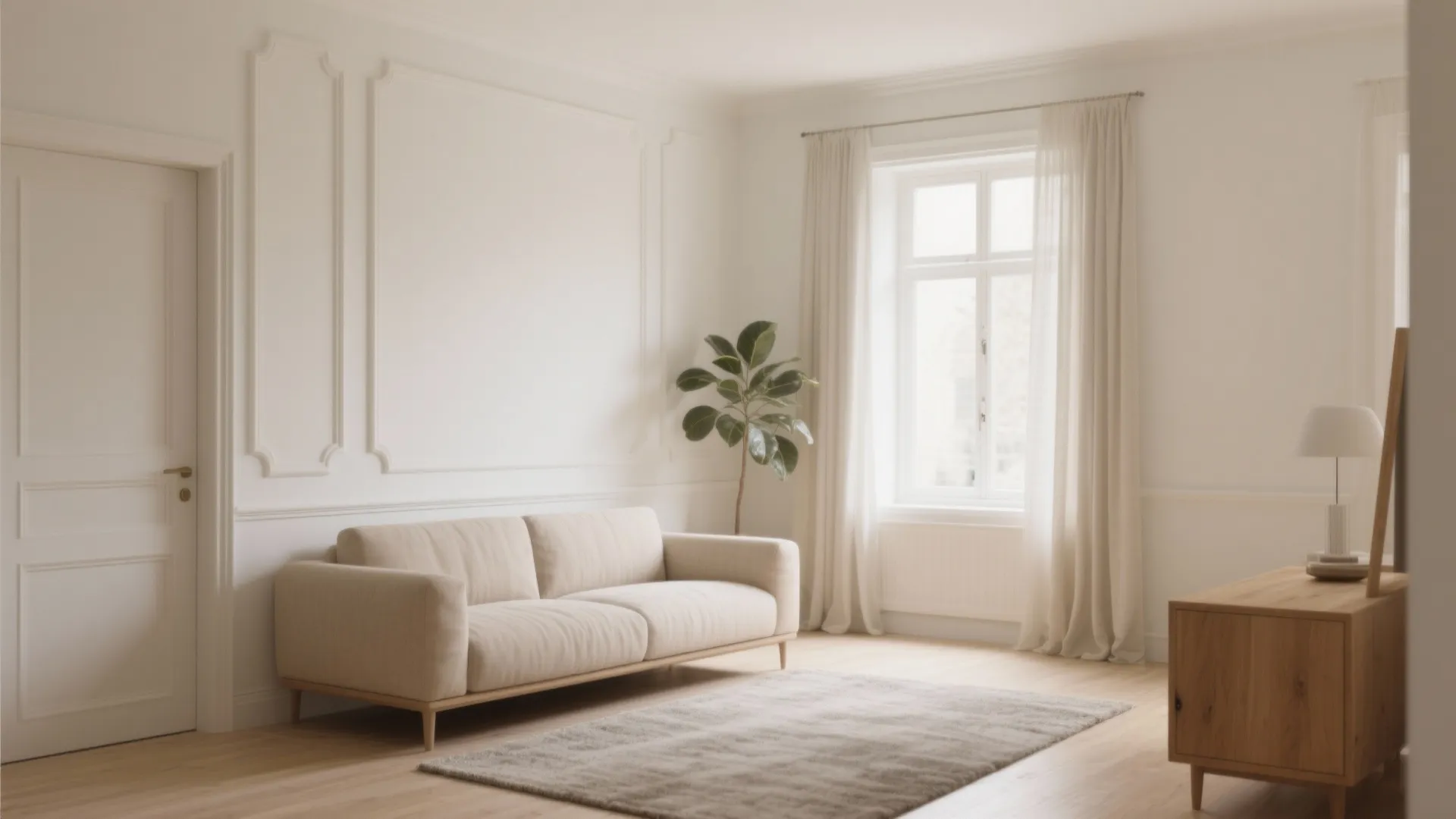 Color-drenched living room with warm off-white walls, trim, and doors creating a calm, seamless look.