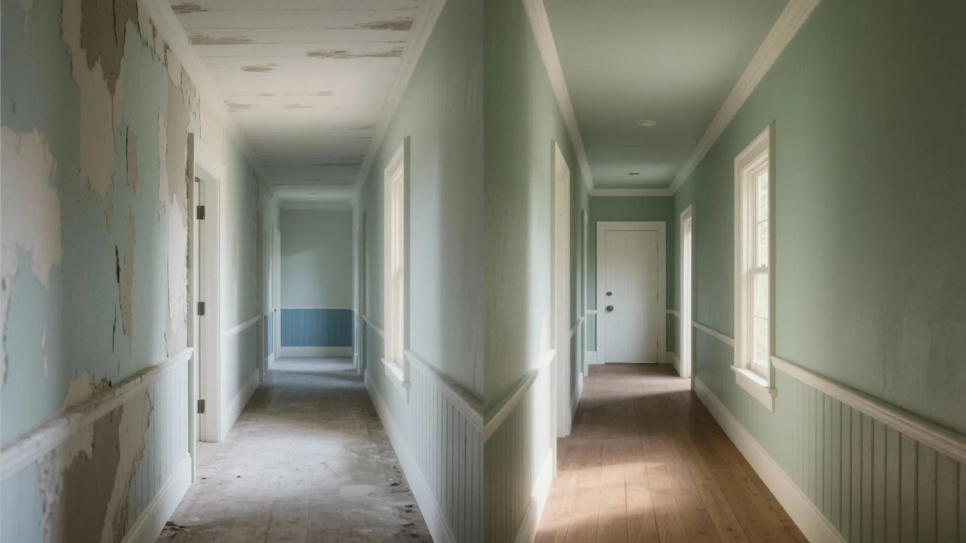 Before and after comparison of a damaged hallway versus a clean light green painted hallway