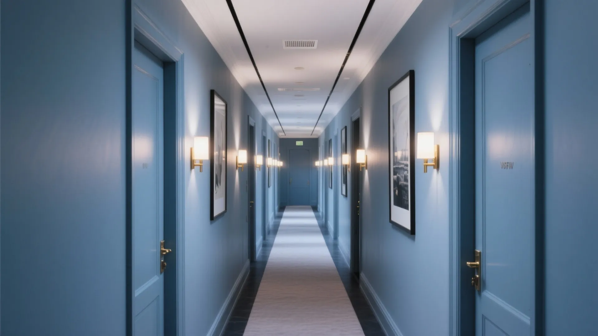 Long hallway with blue walls blue doors golden wall lights white runner and framed wall pictures
