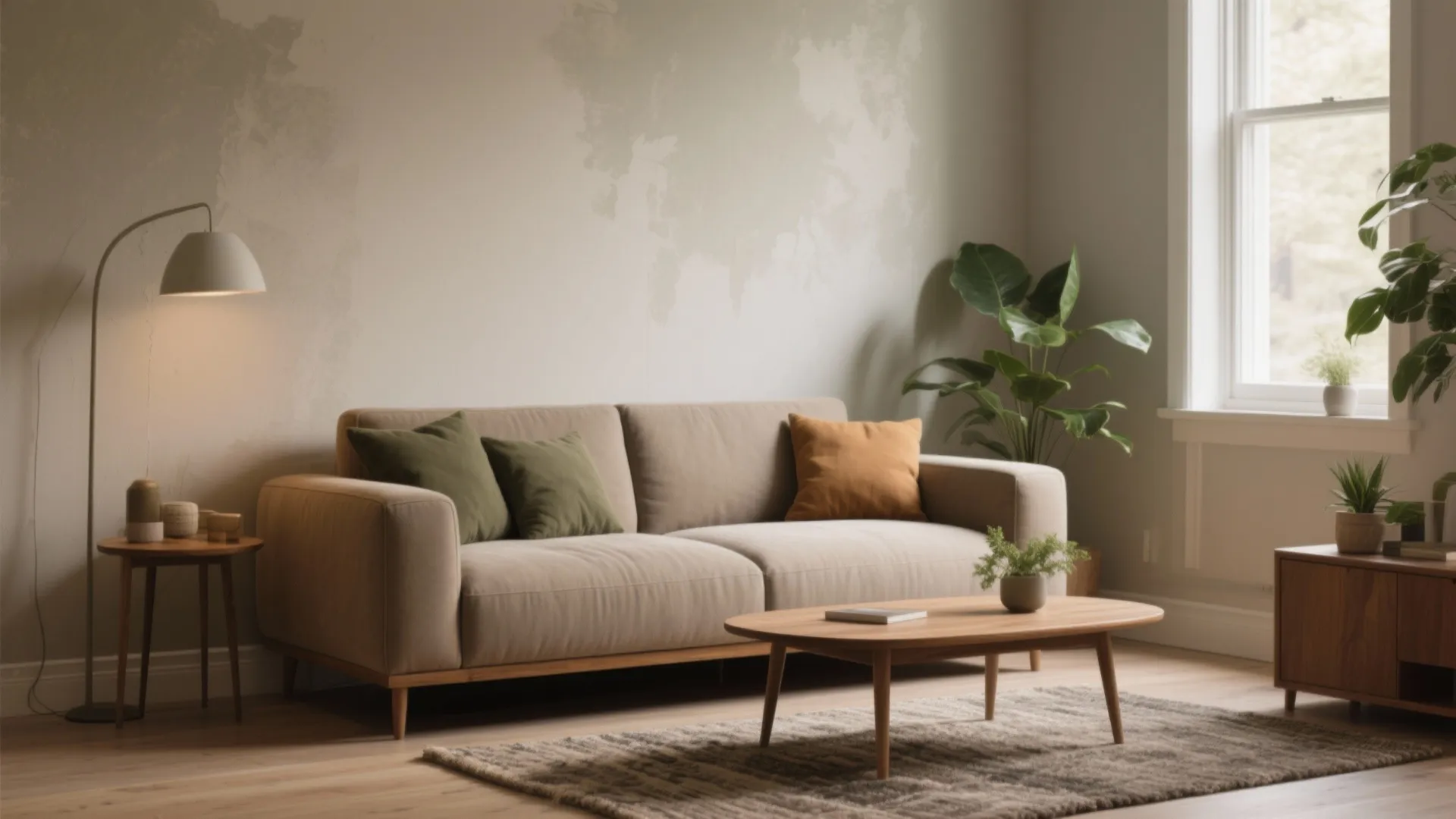 Minimalist living room with beige sofa green pillows wooden coffee table and floor light fixture