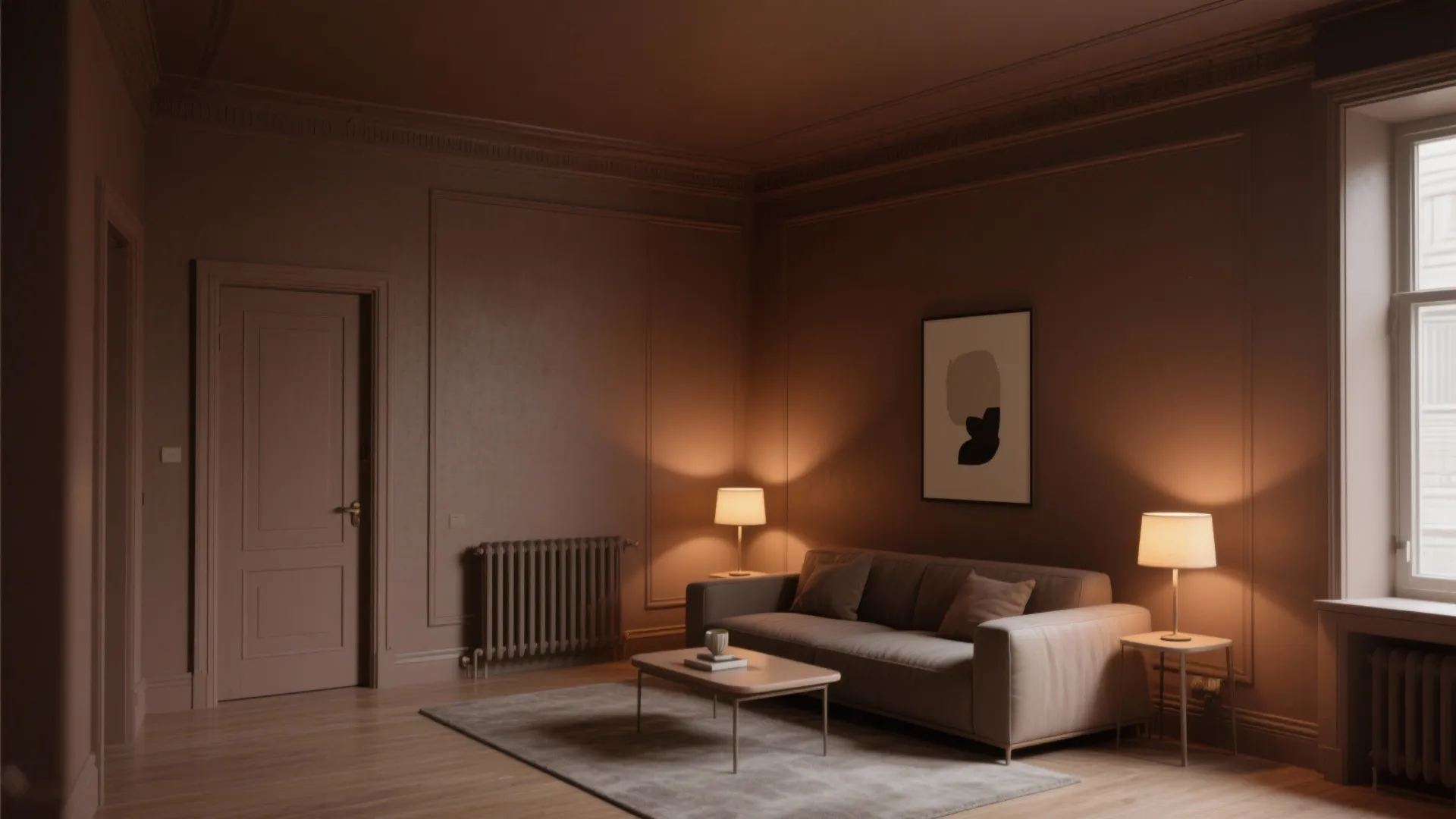 Living room with brown walls matching door leather sofa small coffee table and warm lamps