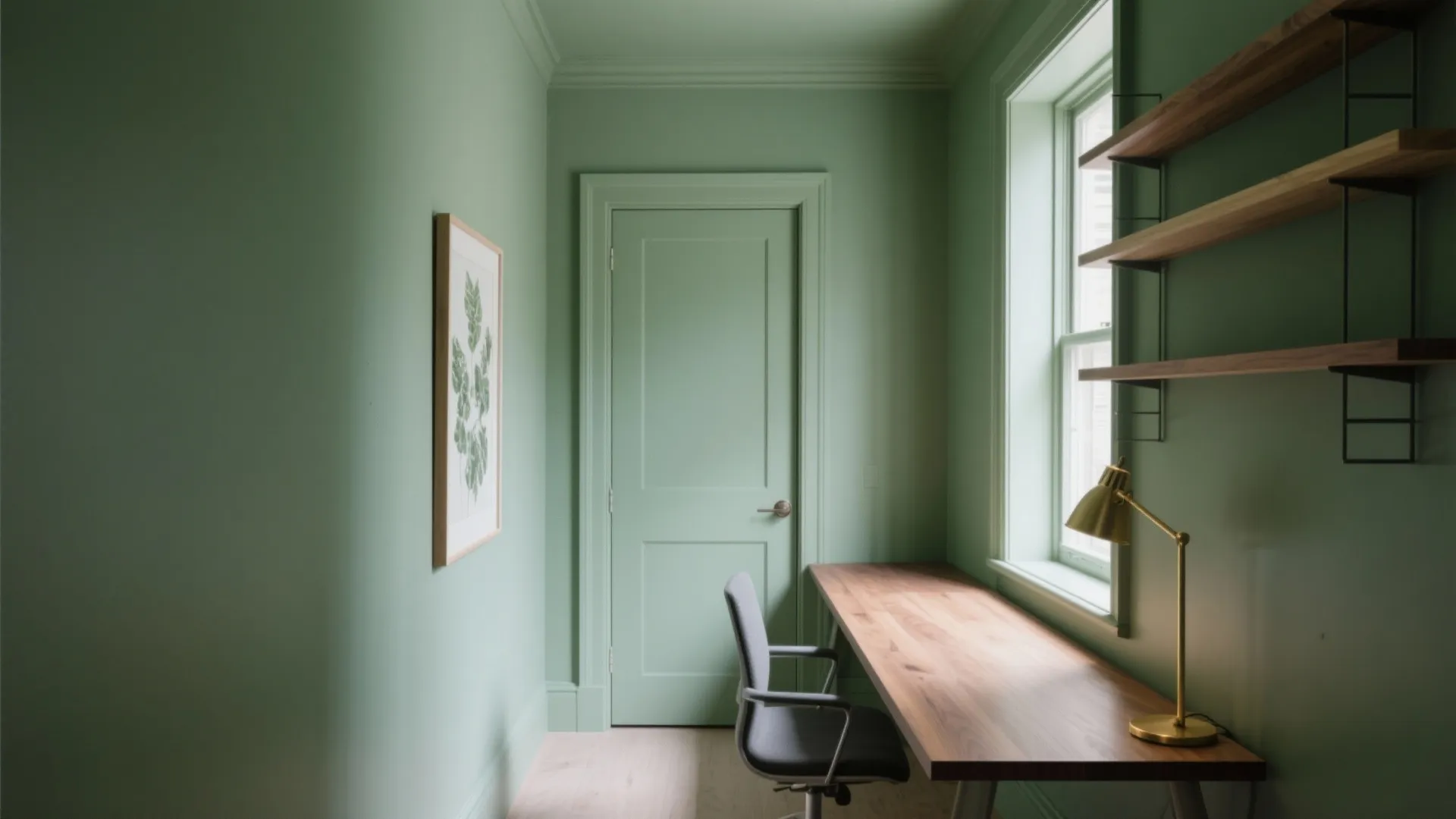 Small home office with green walls and door plus a wooden desk and grey chair