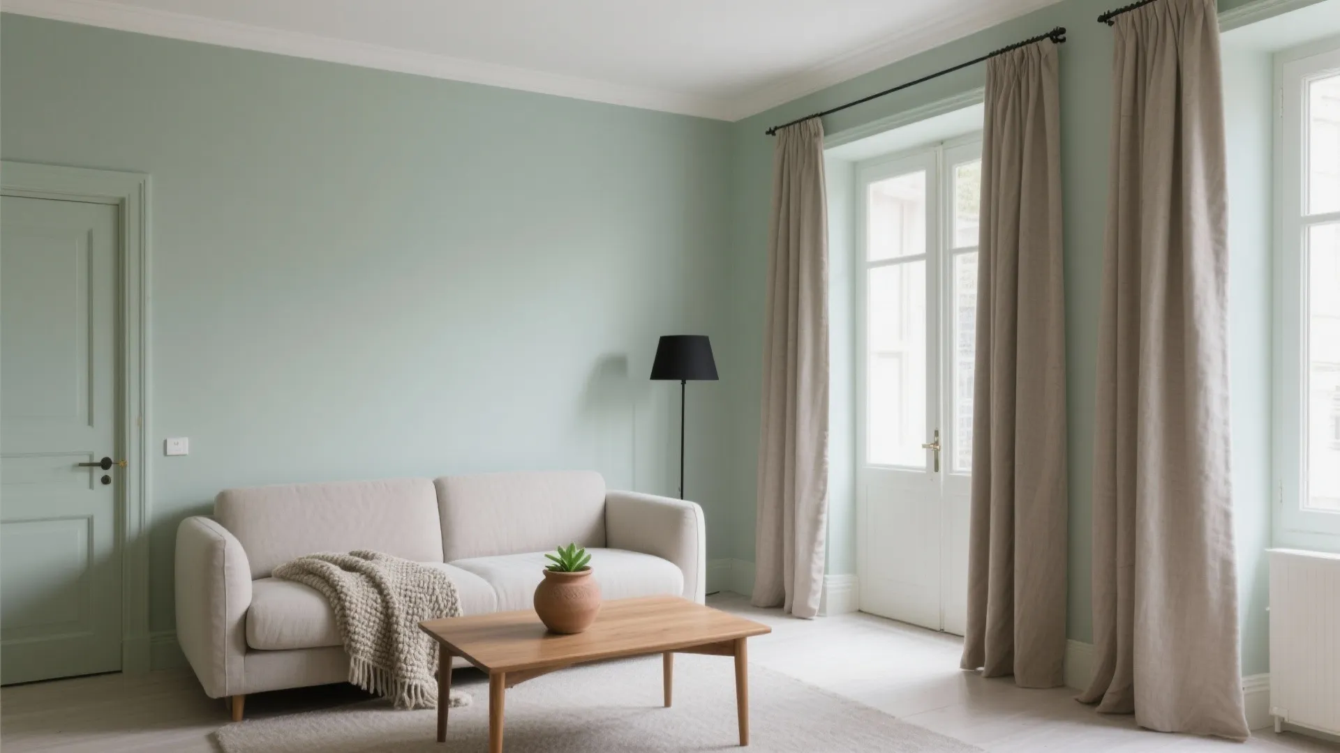 Minimalist living room with sage green walls beige sofa wooden coffee table and long beige curtains