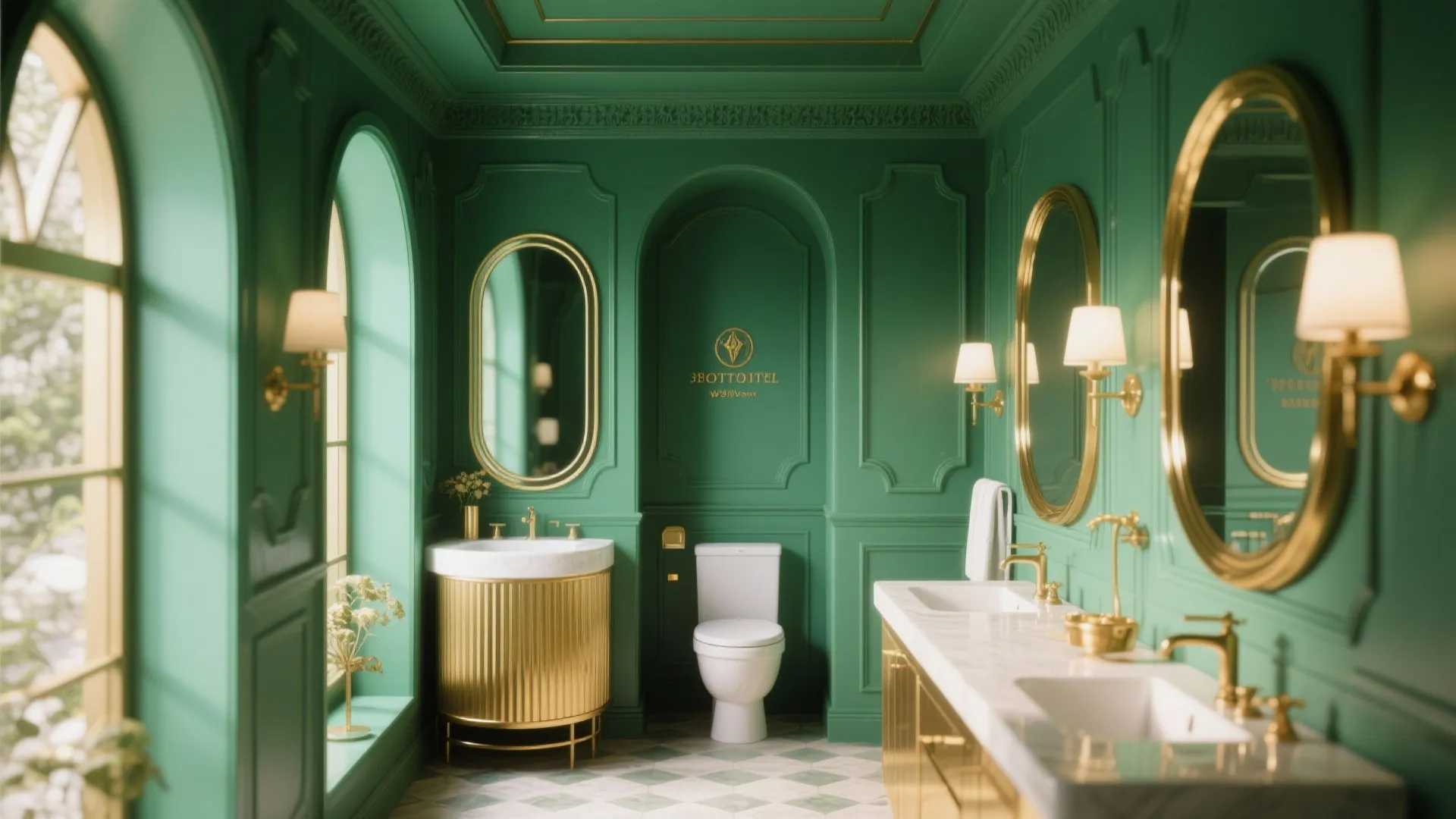 Elegant green bathroom with gold accents featuring a round mirror white toilet and marble sinks