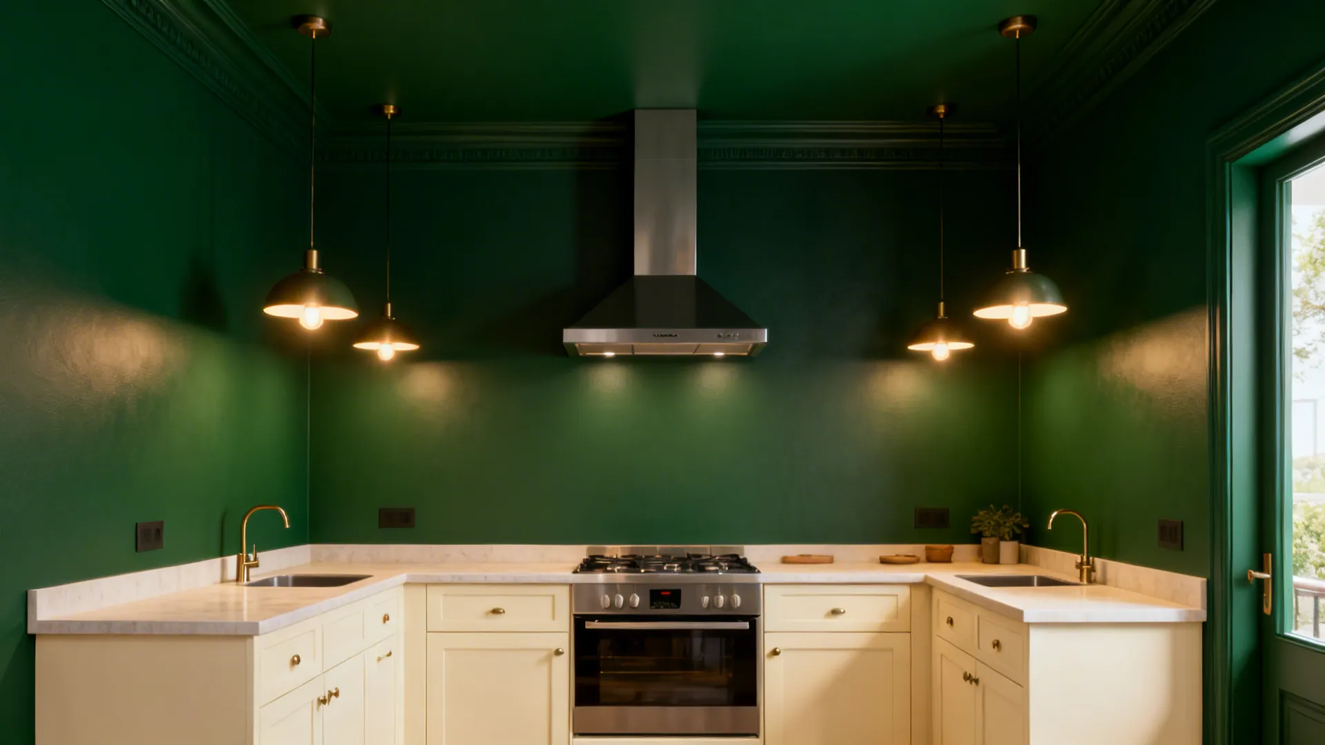Small kitchen with deep green ceiling and upper walls unified above cream cabinetry.