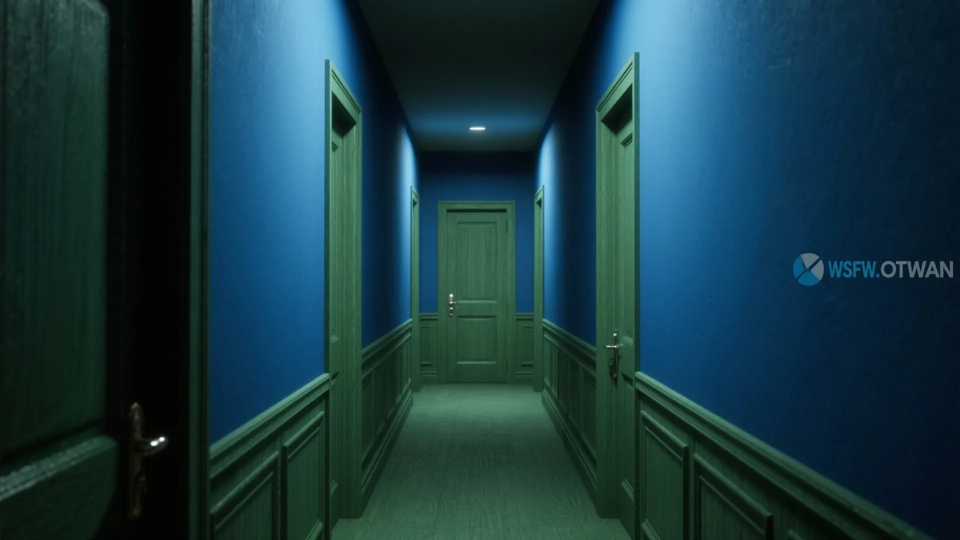Color-drenched hallway with walls, trim, and doors in one inky blue tone for a cohesive look.