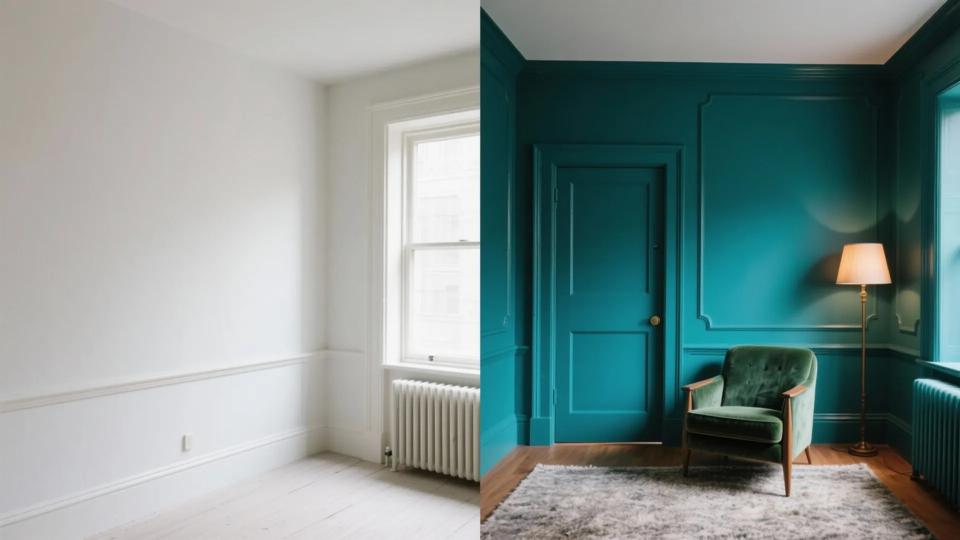 Before and after comparison of white empty room versus teal room with green velvet armchair