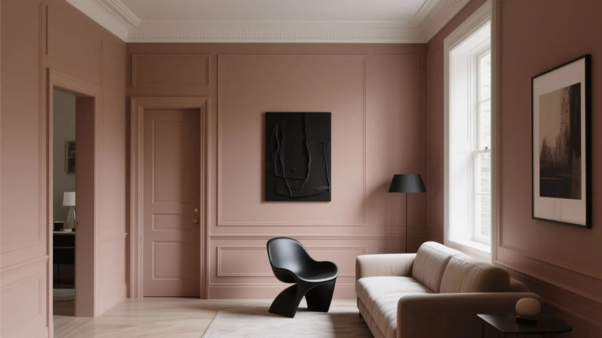 Modern living room with pink wall panels matching door black chair beige sofa and art